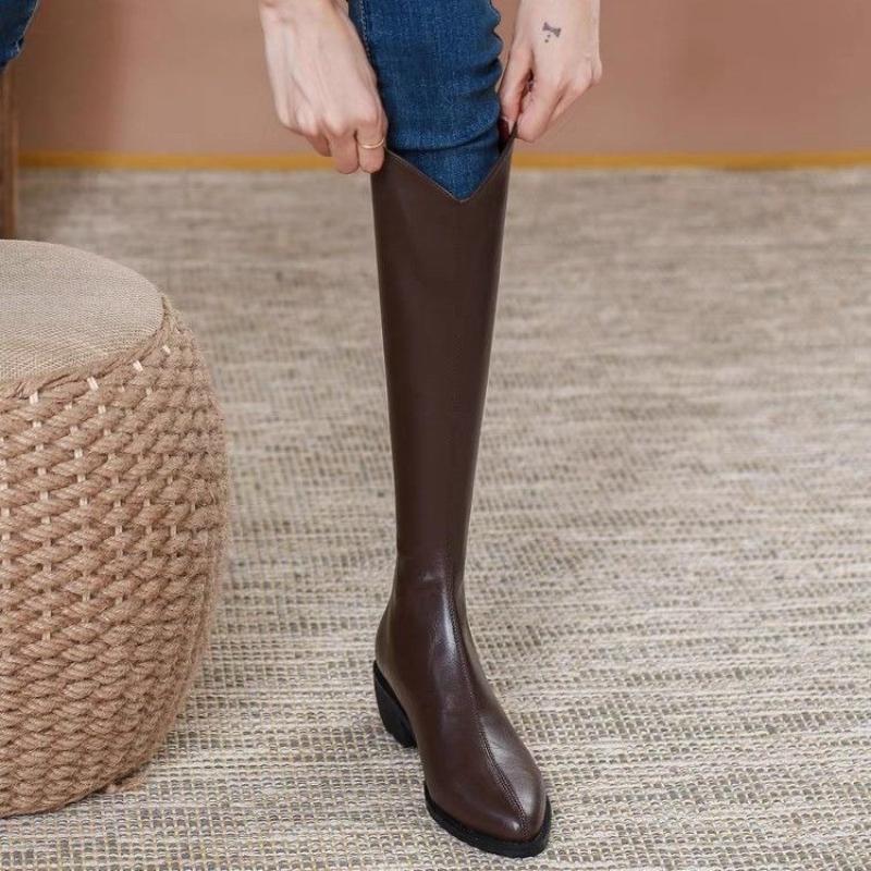 Fashion Warm Elegant Heeled Pointed Toe Knee High Shaft Shoes Woman Demi-season Waterproof New in Comfortable Pu 39 Long Boots for Women