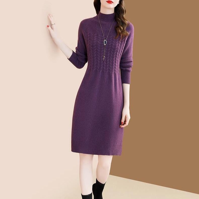 Fashionable Sweater Dress for Women Versatile Semi-high-neck Knitted Base Dress Casual Pullover