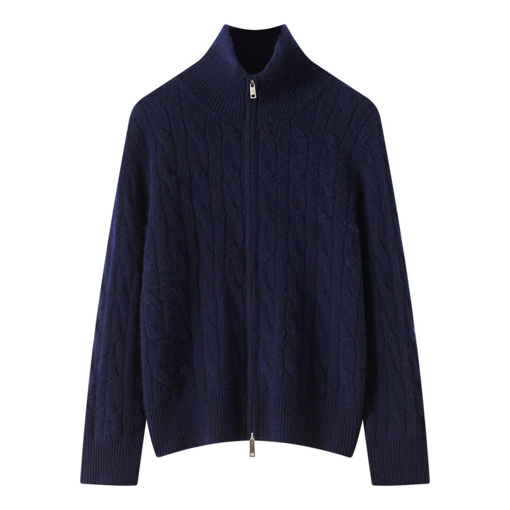 Women's Half-High Collar Cashmere Cardigan - Thick Knit, Zipper, Casual Loose Fit for Autumn and Winter.