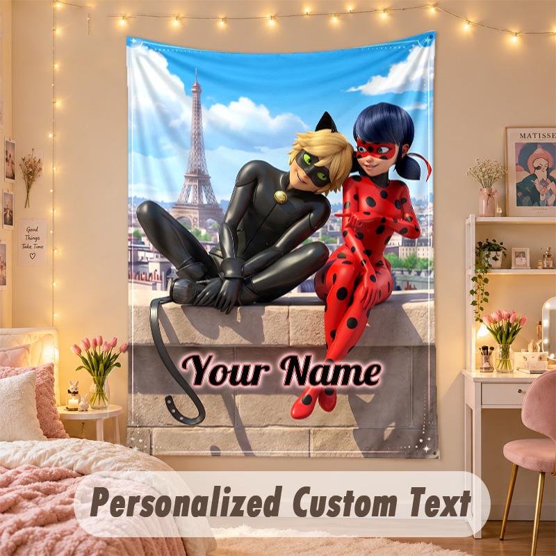 Custom Personalized Tapestry,Miraculous Ladybug Print Custom Name Text Wall Art Hanging for Bedroom
