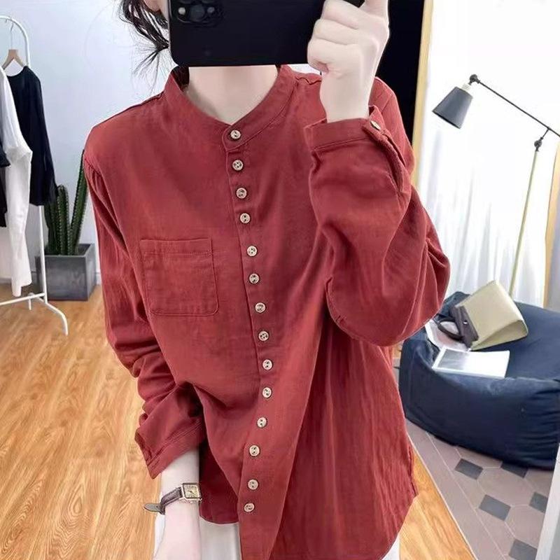 Spring Autumn Stand Collar Vintage Cotton Linen Shirt Women Long Sleeve Casual Cardigan Blouse All-match Top