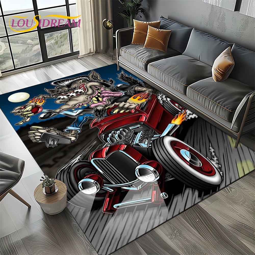 RF Funny Rat Fink Cartoon Motorcycle Sign Carpet Rug for Living Room Bedroom Home Sofa Decoration,Area Rug Non-slip Floor Mat