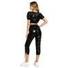 Completo Crop Top Lucido Impermeabile e Pantaloni Capri da Donna Manica Corta Vita Elastica Coulisse sui Lati delle Gambe per Allenamento Festa