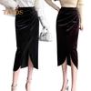 Women Midi Skirt High Waist Irregular Front Slit Design Golden Velvet Skirt Solid Color Design Leg-shaping Skirt