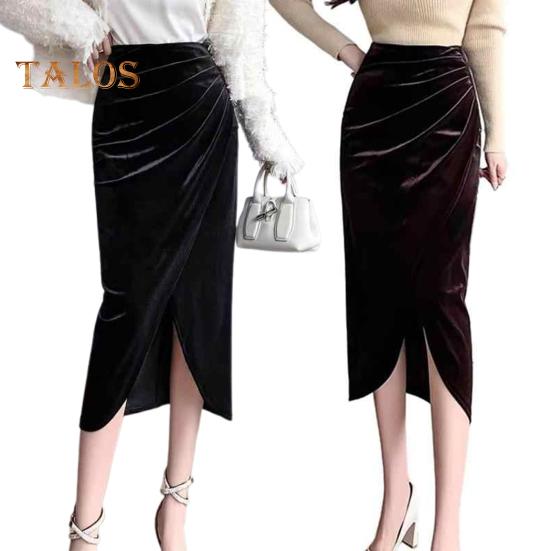 Women Midi Skirt High Waist Irregular Front Slit Design Golden Velvet Skirt Solid Color Design Leg-shaping Skirt