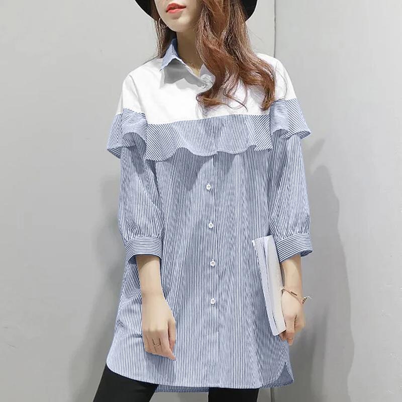 

ZANZEA Женское повседневное платье в полоску с отложным воротником и длинными рукавами в стиле пэчворк 2XL синий