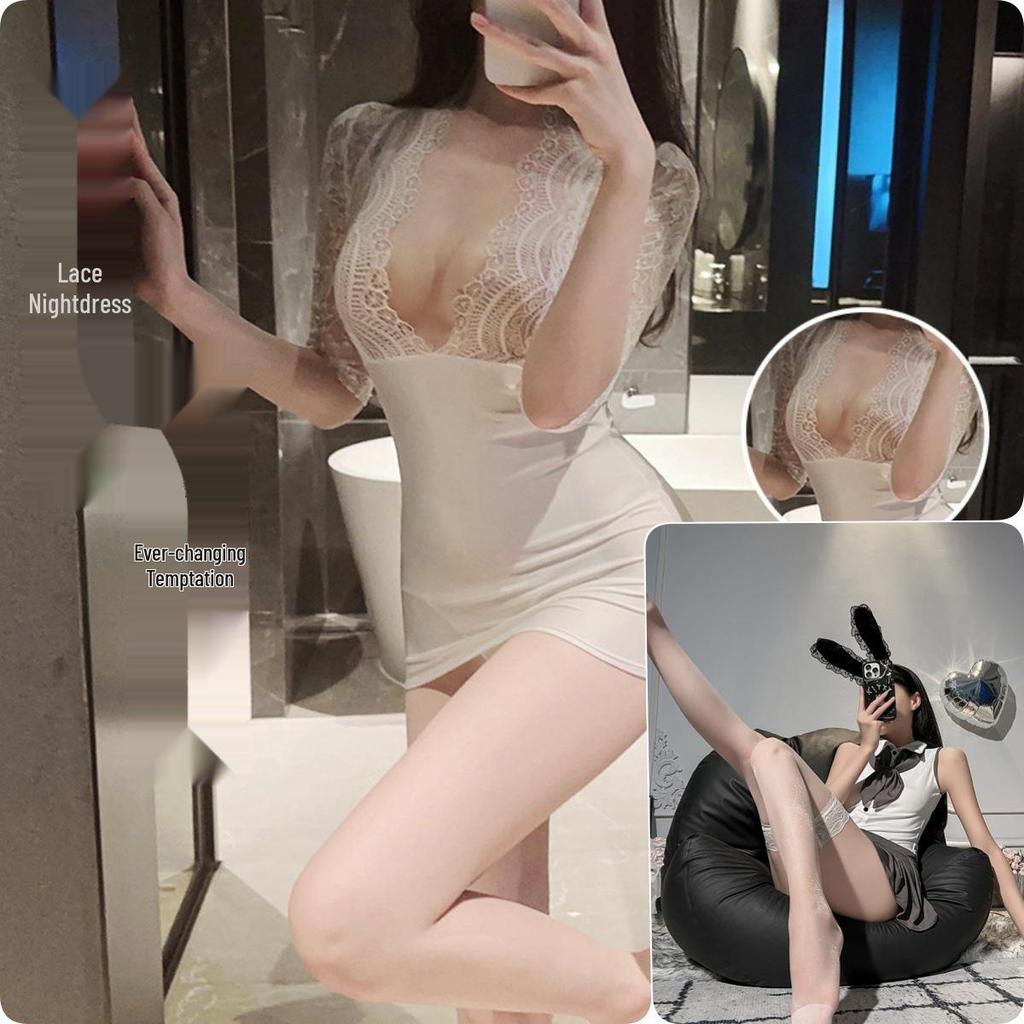 Sensual Lace See-Through Bodysuit with Double-Headed Zipper