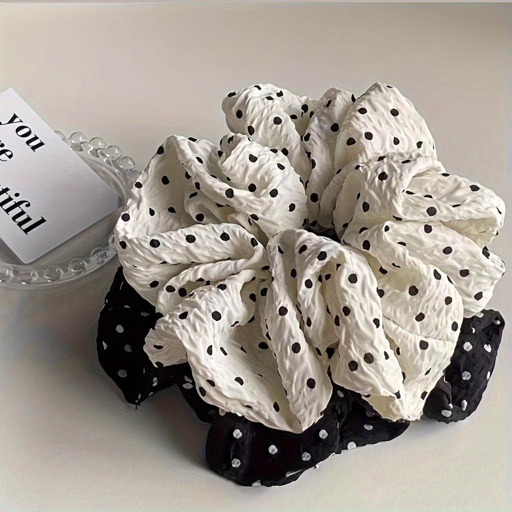 2pcs Black & Cream Polka Dot Scrunchies Hair Ties - Retro Minimalist Elastic Hair Accessories