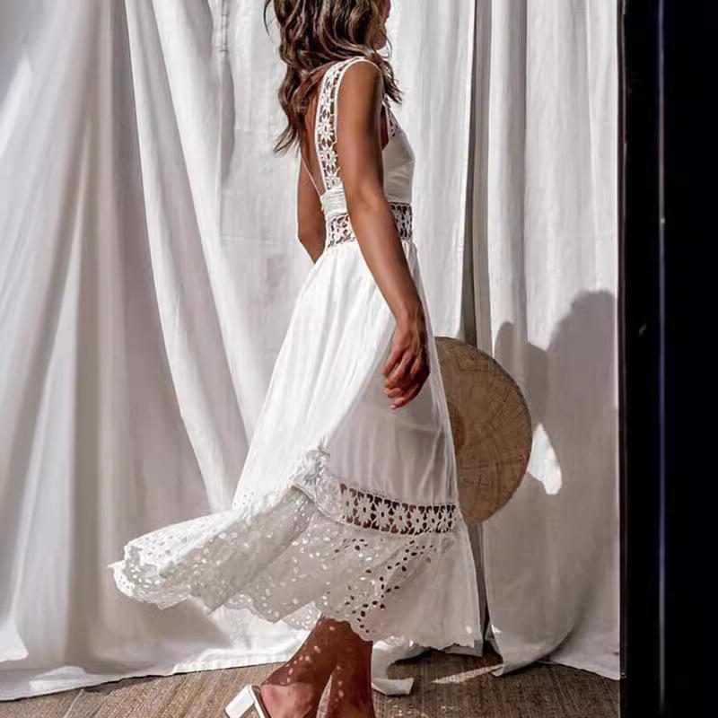 New European and American Fashion Lace Sleeveless Splicing Pendulum Long Dress Dress