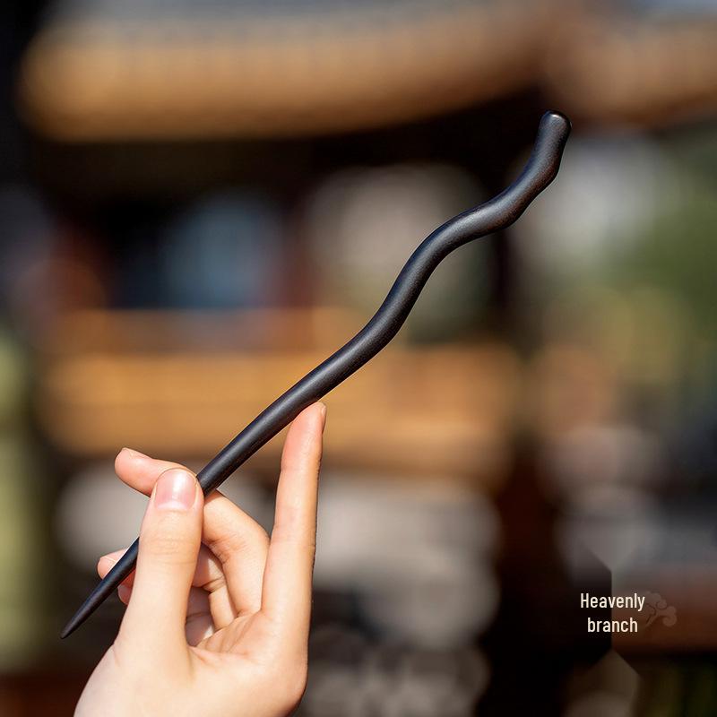 High-End Natural Ebony Wood Hairpin - Extended Chinese Ancient Style Black Hair Bun Accessory