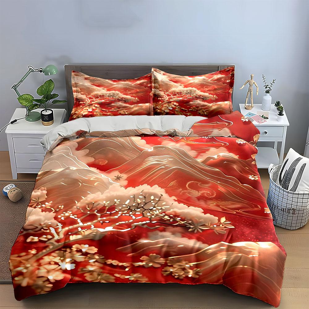"Red Landscape Art Set Decoration" Soft Skin-Friendly Bedding Set Includes 1 Duvet Cover And 2 Pillowcase Gift