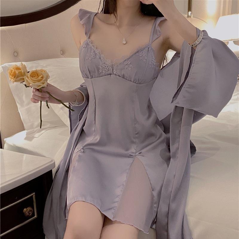 Summer pure court style ice silk suspender nightdress women's summer with chest pad sexy lace pajamas loungewear summer