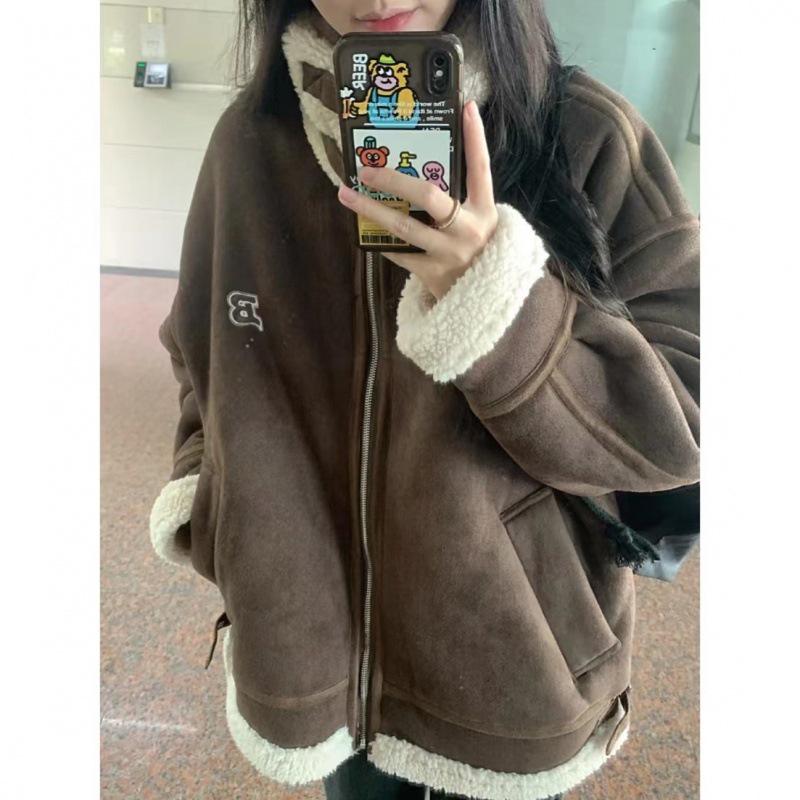 Xiaohongshu Trendy Winter Lamb Wool Stand-Up Collar Women's Motorcycle Jacket - Retro Casual Couple Style