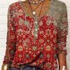 Women's V-Neck Casual Ethnic Style Printed Button Large Size Women's T-Shirt