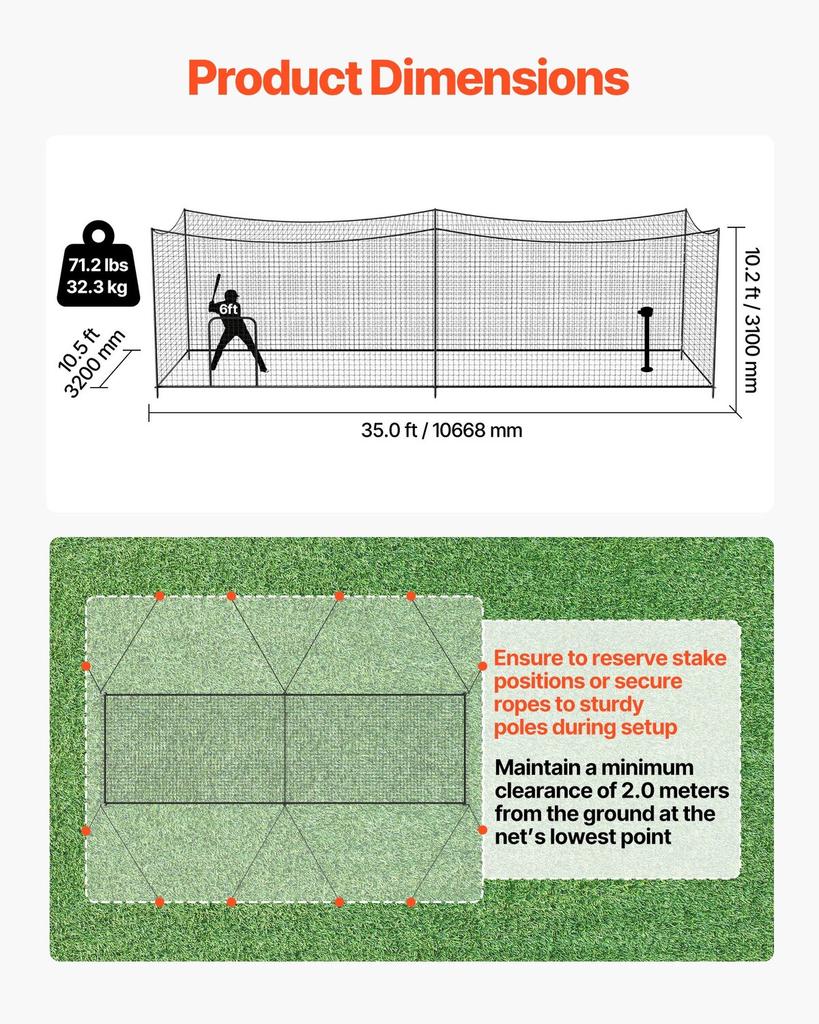 Baseball Batting Cage, 10668 x 3200 x 3100mm Freestanding Portable Batting Cage, Hitting Cages with 45-Ply Knotted HDPE & Long Positioning Ropes,