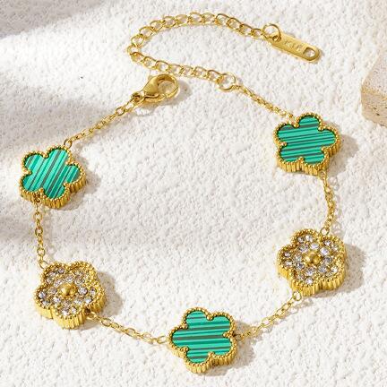 Lucky Five-Leaf Clover Beaded Bracelet for Women Classic Fashion Minimalist Gold Plated Stainless Steel Jewelry
