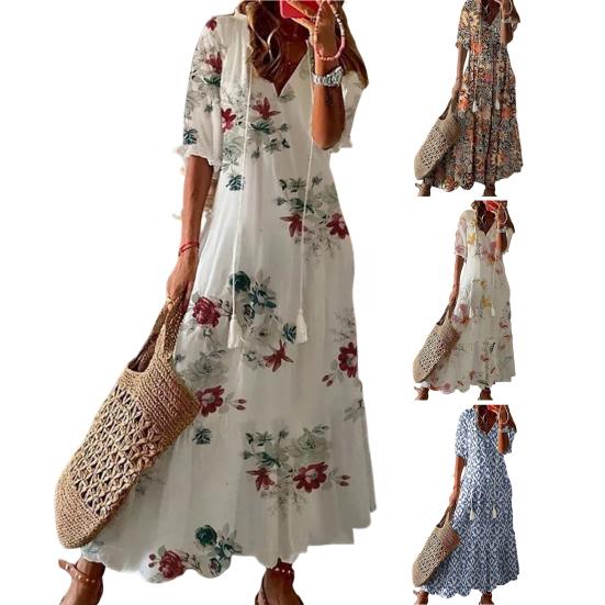 V-neck Half Sleeve Lace-up Tassel Large Hem Female Dress Summer Floral Print Beach