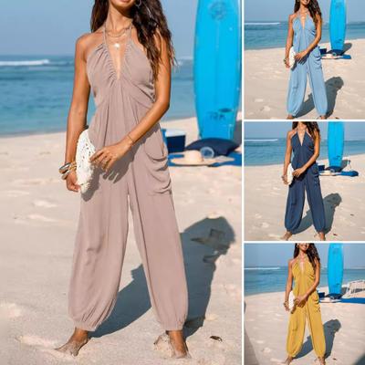 Women's Halter Maxi Jumpsuit Pleated Deep V Neck One Piece Jogger Long