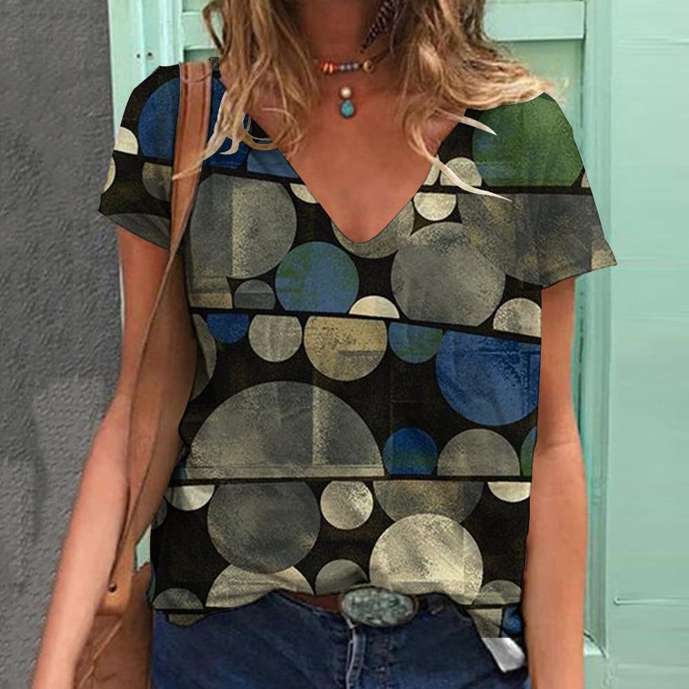 Fashion ladies V-neck elegant fashion short-sleeved T-shirt summer 3d printing top