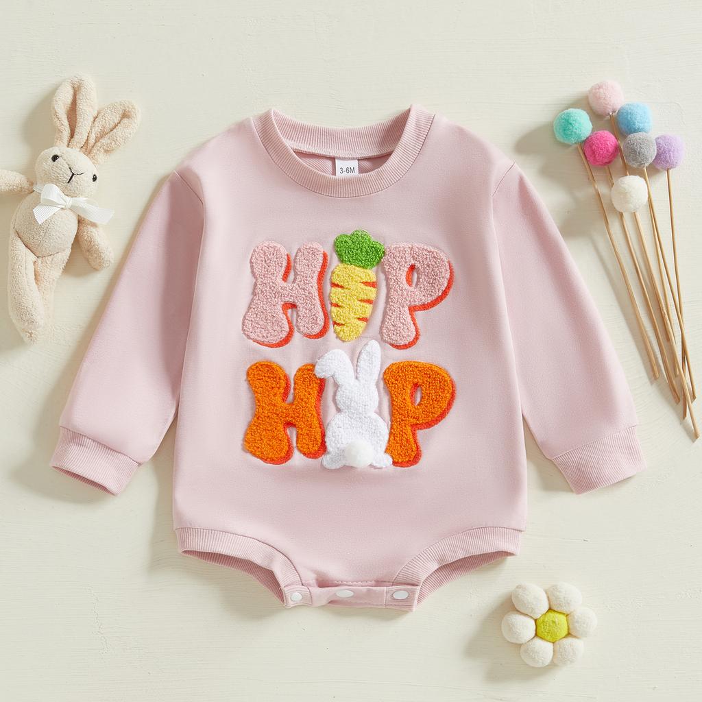 Baby Girls Romper, Long Sleeve Crew Neck Embroidery Carrot Rabbits Letters Fall Bodysuit Easter Clothes