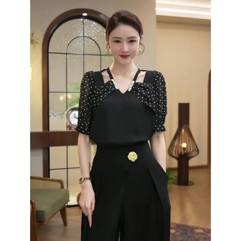 

Temperament Short-sleeved Women s Shirt Summer New Black French V-neck High-end Polka-dot Top S чорний