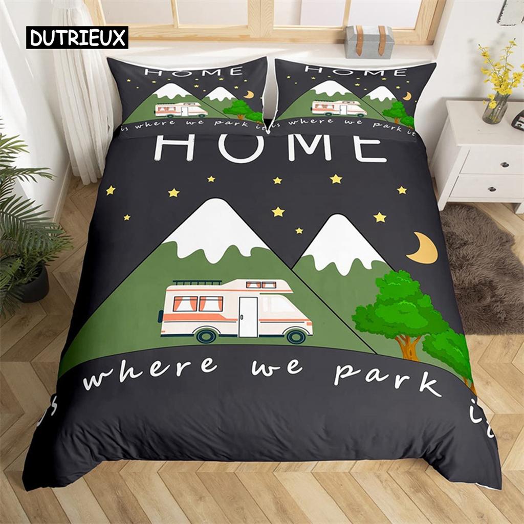 Camping Duvet Cover Microfiber Galaxy Stars Moon Happy Camping Comforter Cover Camper Truck Geometry Mountain Trees Bedding Set
