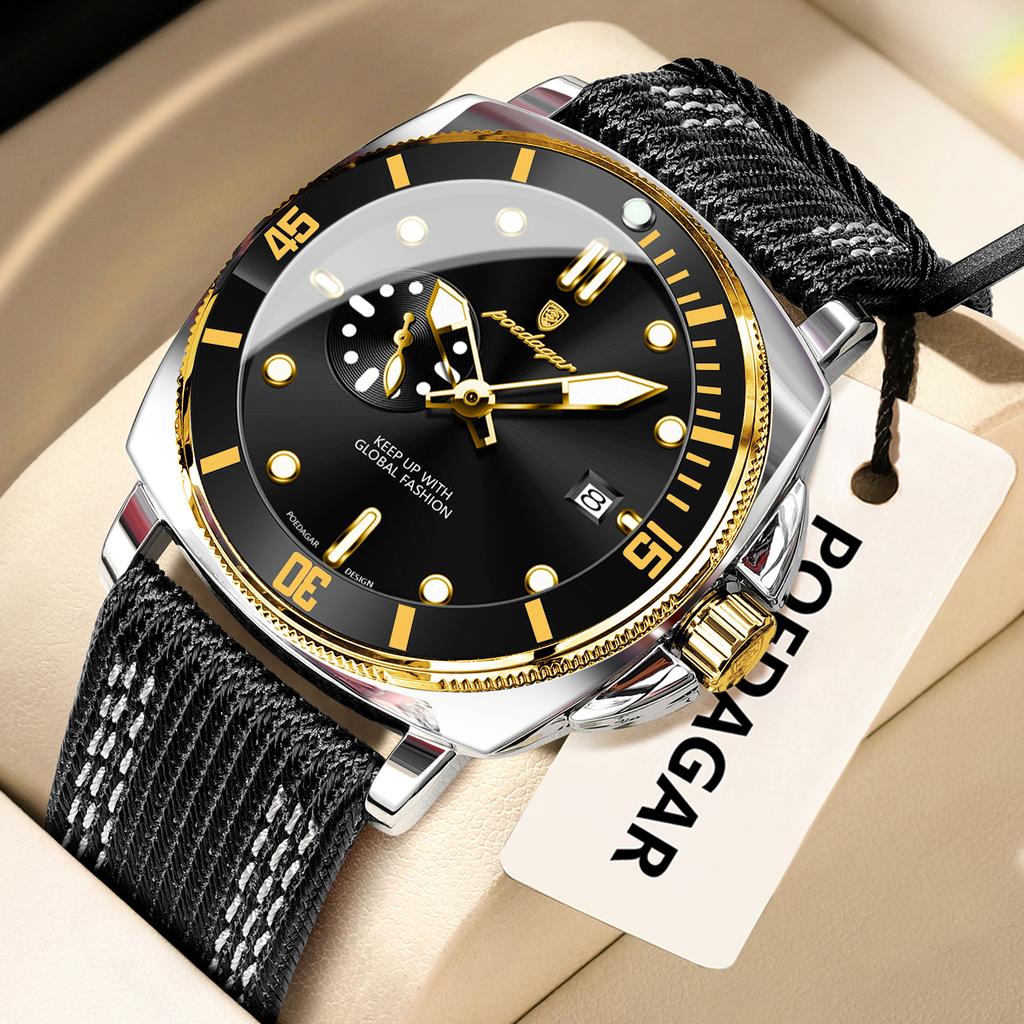 Luxury Trendy Man Wristwatch Square Dial Waterproof Luminous Date Week Men Watch Simple Business Quartz Leather Men's Watches Reloj