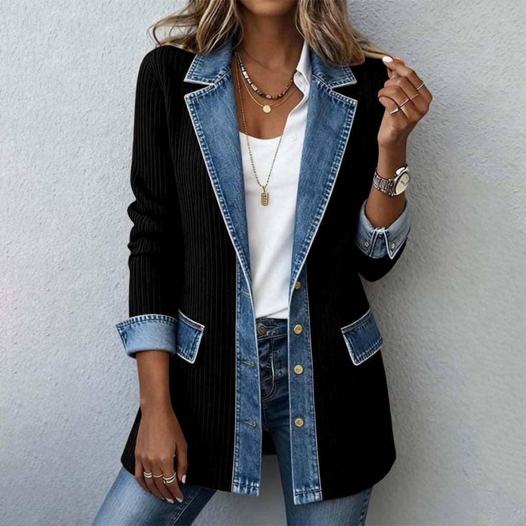Women's Casual Denim Knit Patchwork Jacket with Lapel Collar for Everyday Wear