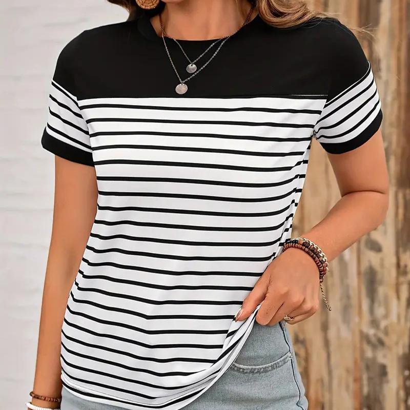 

Женская летняя футболка с полосатым принтом в стиле ретро, футболки с коротким рукавом, повседневные топы с принтом L слоновая кость