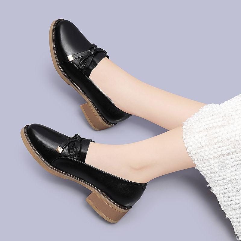 Women's Shoes Round Toe with Bow Leather Casual Medium Heels Ladies Pumps Vacation Stylish Footwear on Offer Chic Point Discount