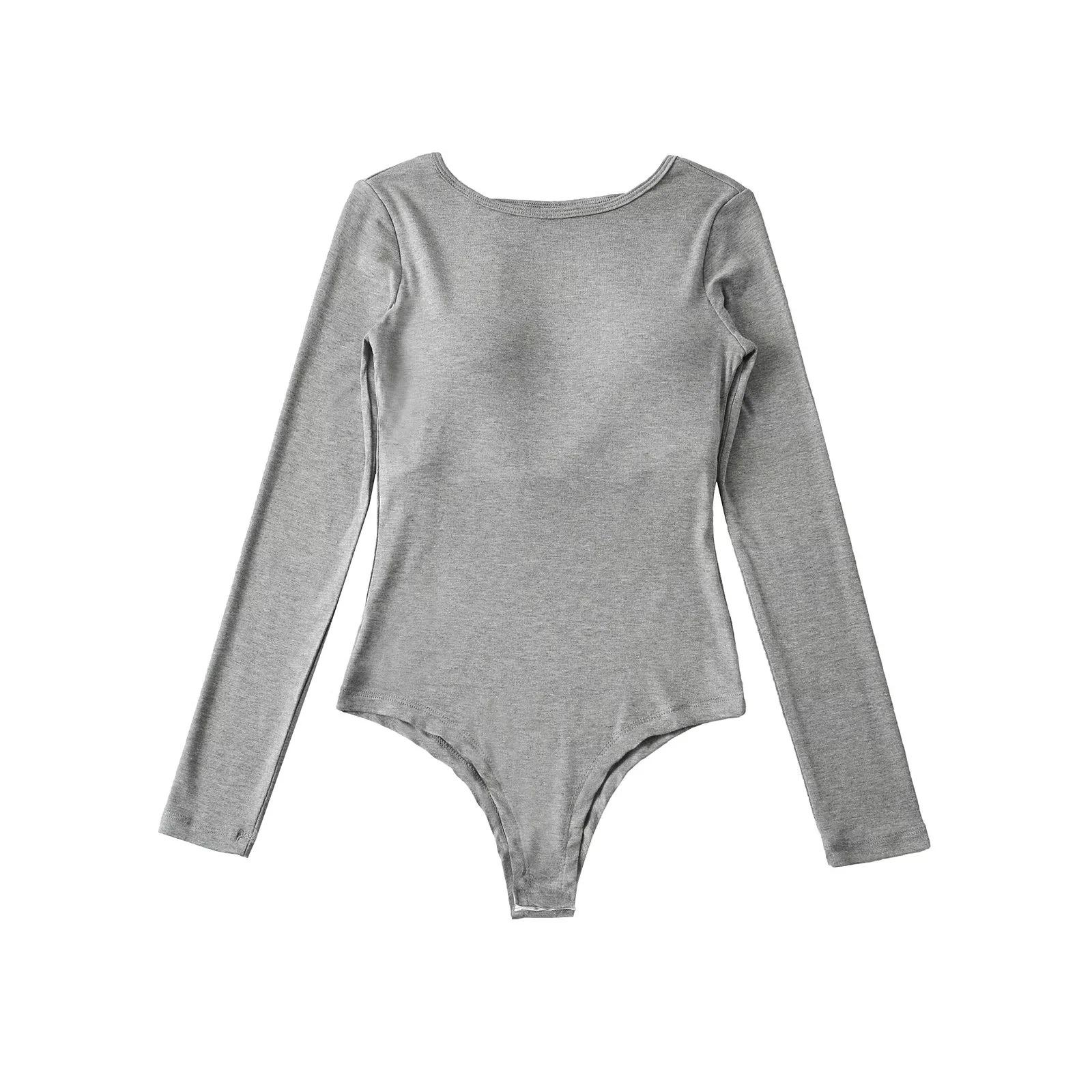 

Spicy Girl Open-Back Long-Sleeve Jumpsuit with Chest Pads – Slim-Fit Sexy Autumn Top Small серый