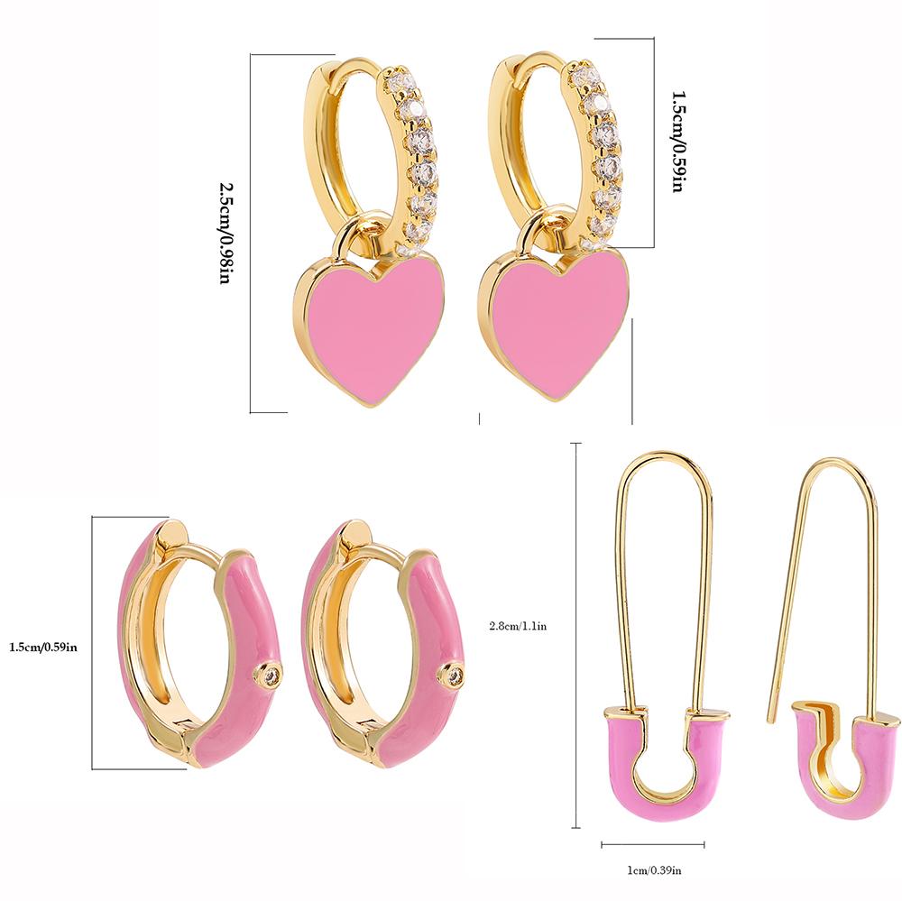 

Cute Pink Color Safety Pin Ear Piercing Shiny Zircon Heart Huggie Earring for Women Fashion Cartilage Circle Hoop Earrings Set