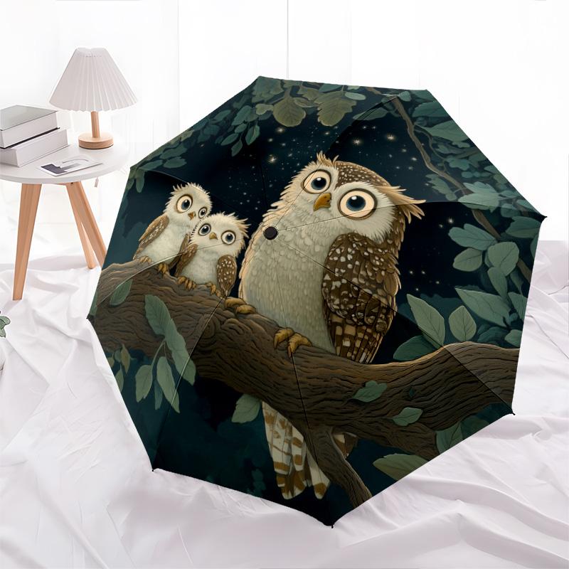 Owl  Pattern, Automatic Folding Umbrella, Portable and Foldable Design, 8 Ribs, a Christmas or Birthday Gift.