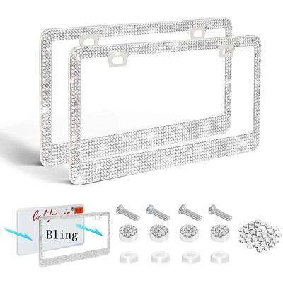 Moldura de Placa de Licença de Cristal Bling Moldura de Placa de Carro de Luxo com Botão Diamante Capa de Moldura de Placa de Licença de Carro para Mulheres - 2 Unidades
