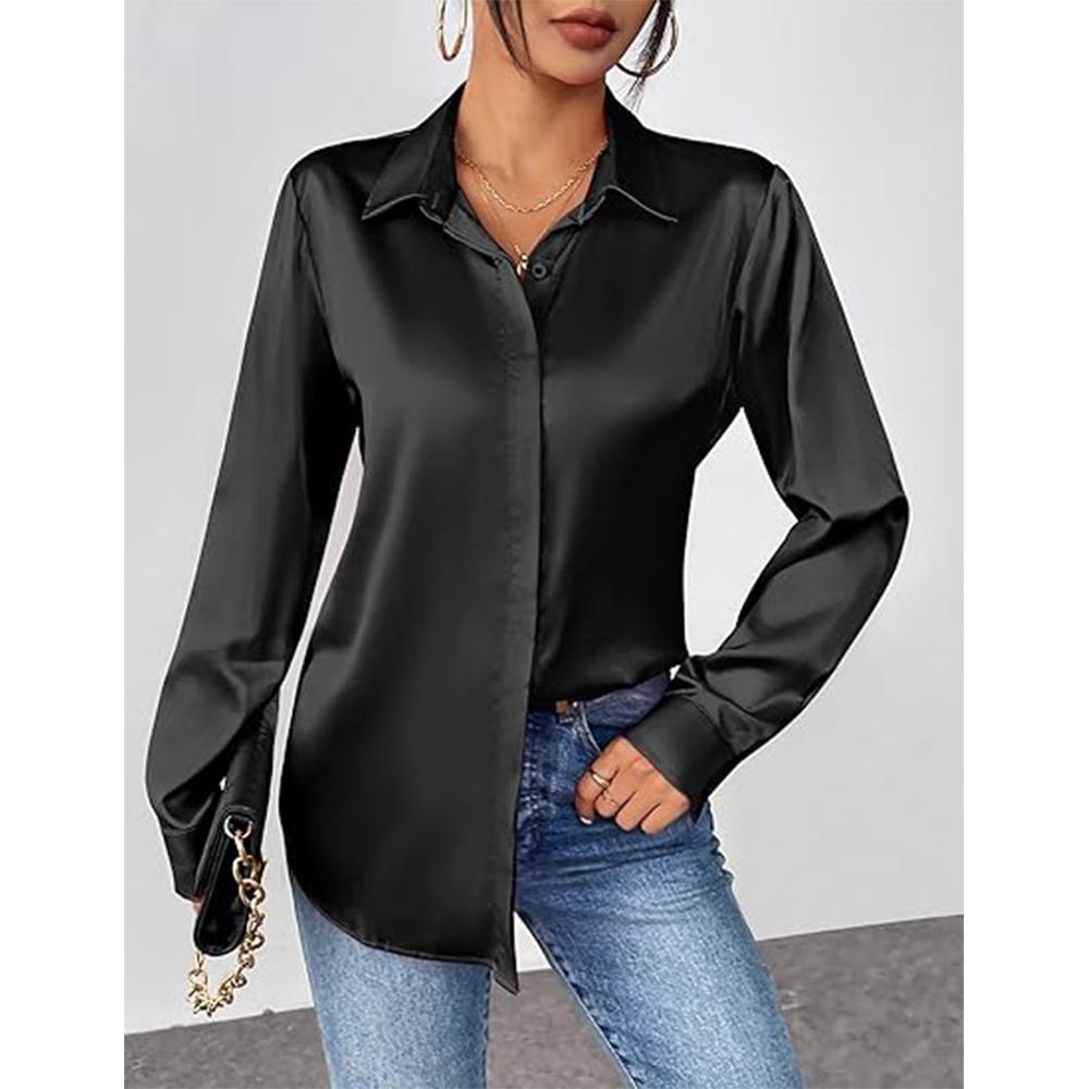 Saténové halenky pro ženy ležérní s dlouhým rukávem na knoflíky hedvábné košile elegantní pracovní tunika top