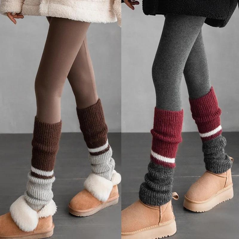 2pairs American Retro Cashmere Color Blocking Long Sock Winter Warm Knitted Leg Warmers for Women Lolita JK Boot Cover Stockings