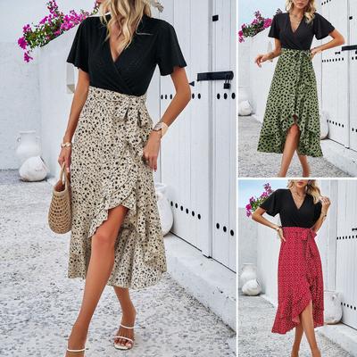 Women's Spring and Summer Temperament Elegant Contrasting Short-sleeved V-neck Dress