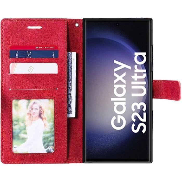 Coque folio - Samsung - Galaxy S23 Ultra - Rouge - Antichoc - Cuir PU Rétro
