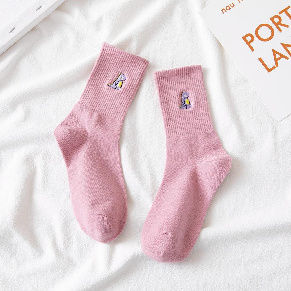 Embroidery Dinosaur Socks Fashion Woman Socks Korea Harajuku Style Kawaii Funny Cartoon Spring Autumn Female Socks Lovely Girl