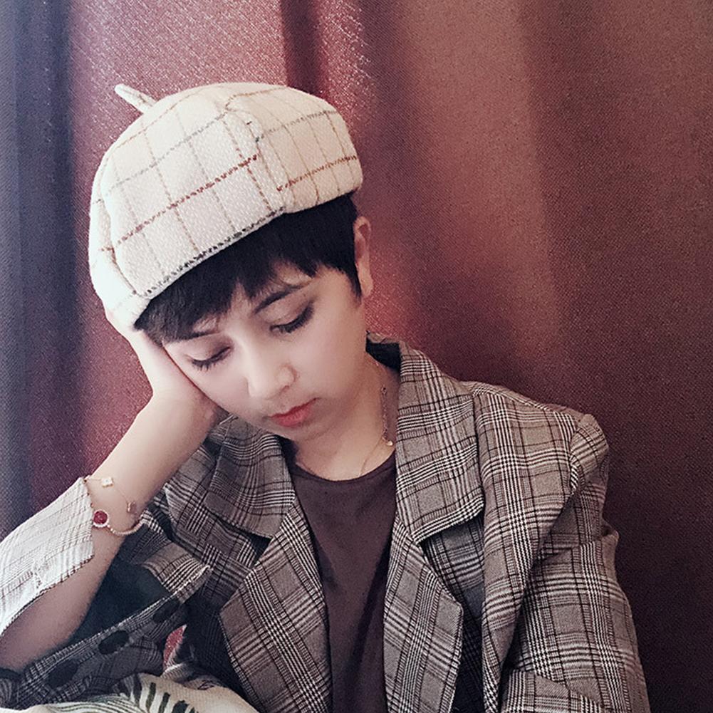 Lady Retro Plaid Beret Double Layer Painter Cap Autumn Winter Warm Berets