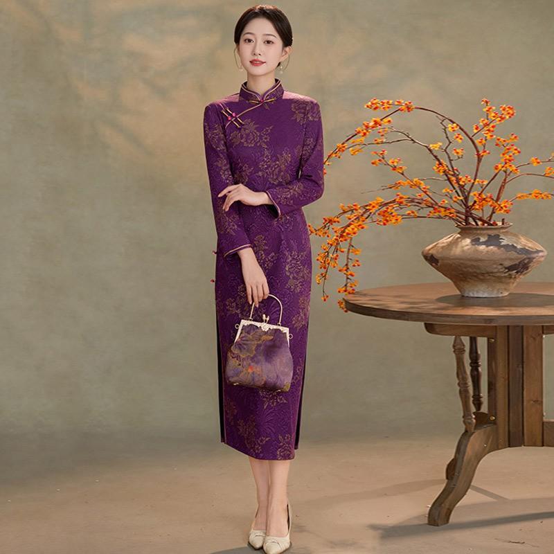 Long Sleeve Winter Velvet-Feel Brocade Cheongsam Dress Women Plus Size Retro High-Neck Warm Coat Style