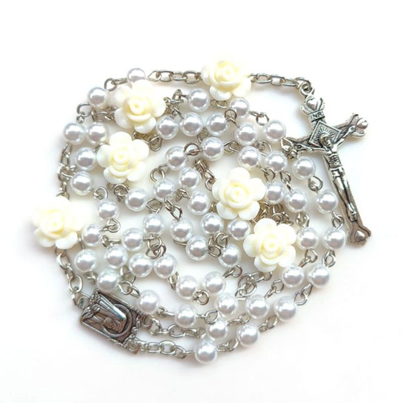 Elegant Rosary Beads Necklace With Glass Pearls and Crucifix Pendant for Prayer and Fashion