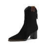 Stivaletti alla Caviglia in Camoscio con Tacco Basso Stivali Chunky Western Cowboy da Donna Stivali Corti da Cavaliere Retro a Punta con Pieghe Stivaletti Chelsea in Nabuk