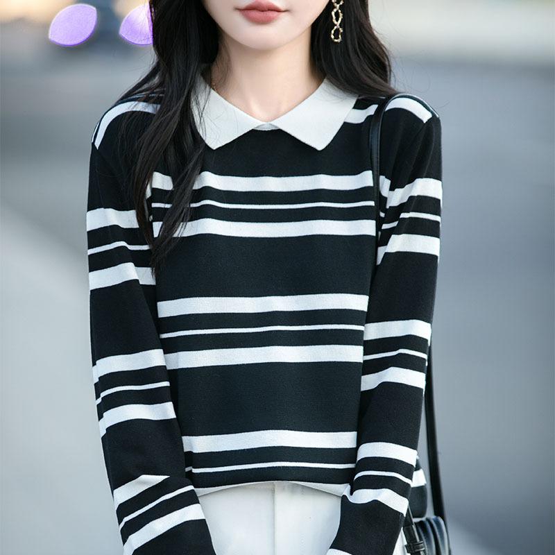Thin Lapel Long-sleeved Knitted Sweater for Women To Look Slimmer, Color-block Striped Polo Collar Base Layer Sweater, New Autumn and Winter Sweater