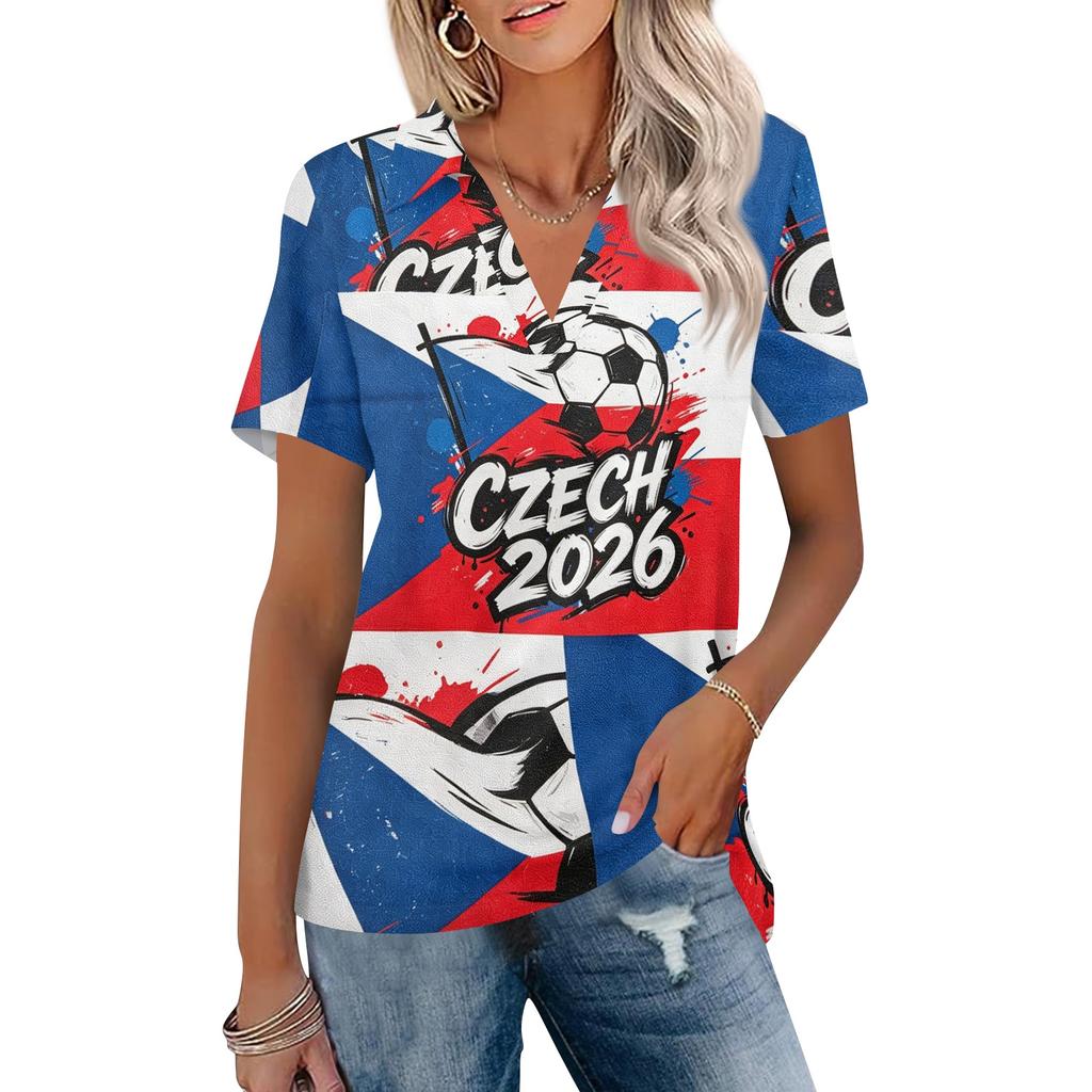 Women's Casual V Neck Short Sleeve Polo Shirt with Graphic Print Soft Lightweight Summer Top for Outdoor Everyday Wear