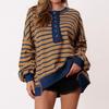 Women's Fashion Striped Round Neck Long Sleeve Button Top Color Blocked  Pullover Sweatshirt Top