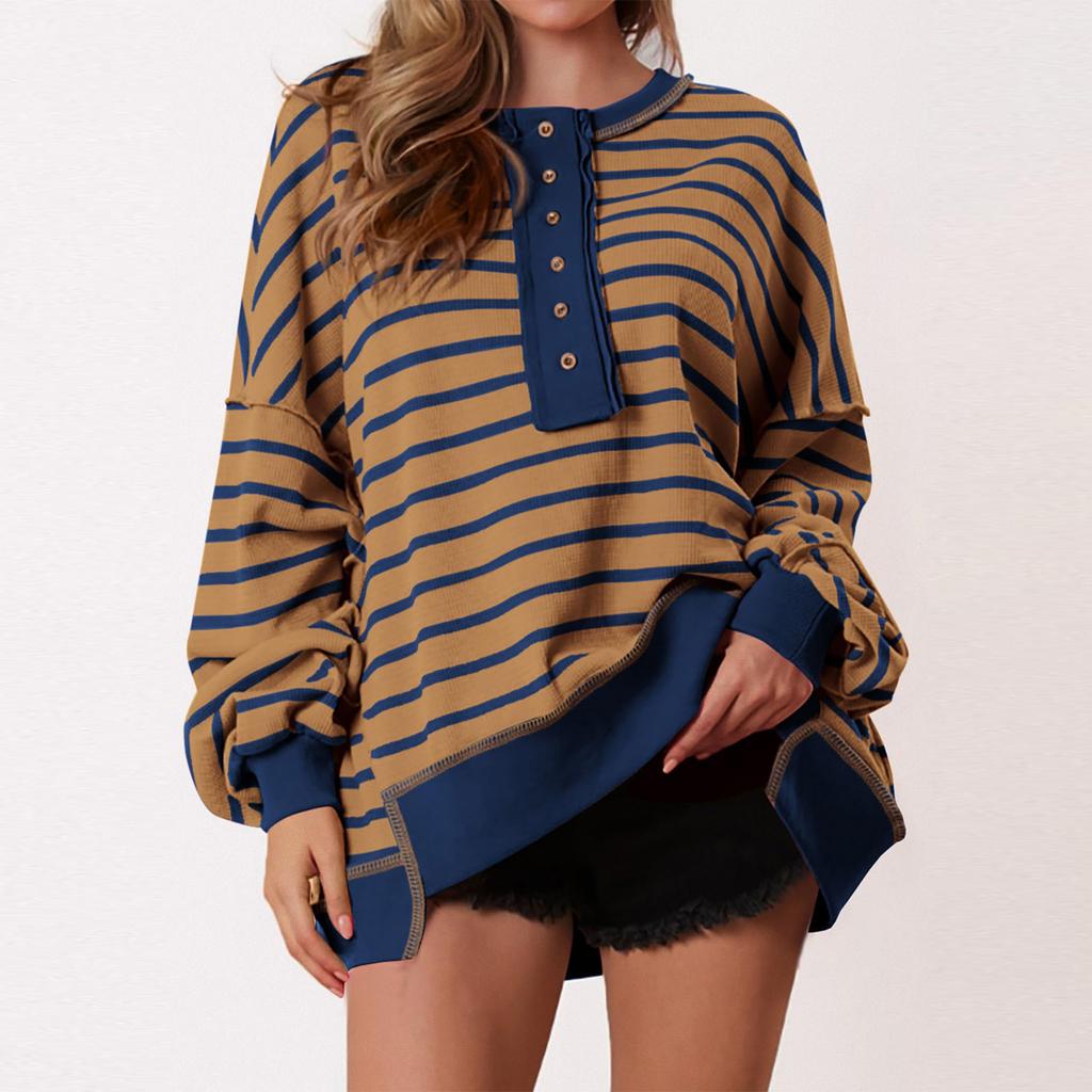 Women's Fashion Striped Round Neck Long Sleeve Button Top Color Blocked  Pullover Sweatshirt Top