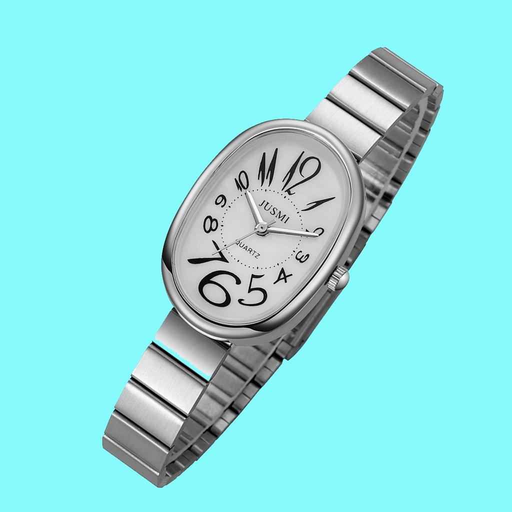 Ladies' exquisite and high-value Arabic numeral scale oval dial bamboo style steel strap quartz watch.