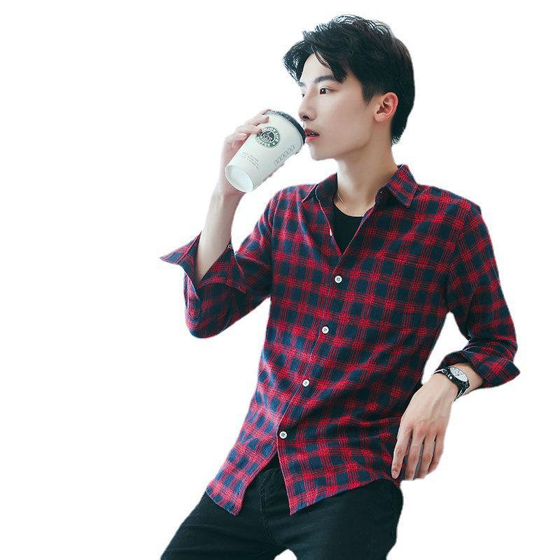 2023 New Men's Slim Fit Korean Plaid Long-Sleeved Shirts for Teenagers