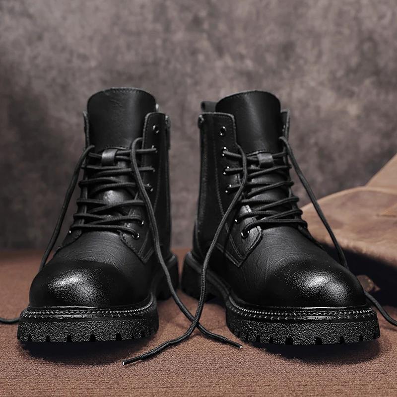 Men Outdoor Casual Leather Ankle Boots Large Size Soft Leather Motorcycle Boots Thick Bottom High Top Work Driving Shoes